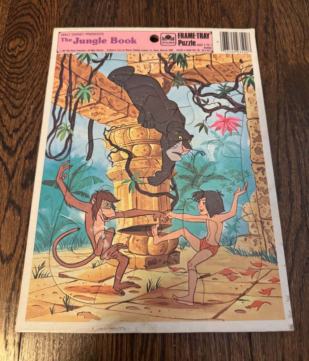 VINTAGE 1980s Walt Disney's The Jungle Book Golden Frame Tray Puzzle 4540A